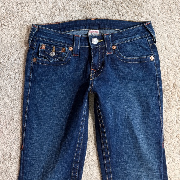 Womens True Religion Jeans size 27 Joey Low Rise Flare Y2K Blue Flap pockets - Picture 10 of 11